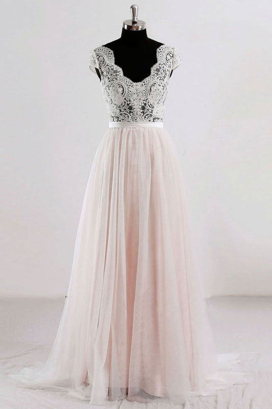 Champagne v neck lace tulle long prom dress, champagne tulle evening dress