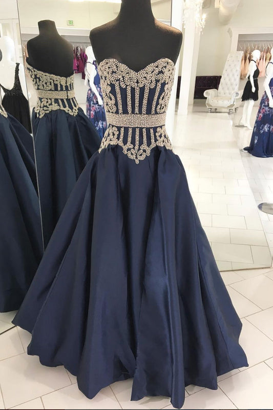 Dark blue sweetheart neck beads long prom dress, blue evening dress