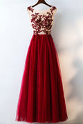 Burgundy tulle lace applique long prom dress, evening dress