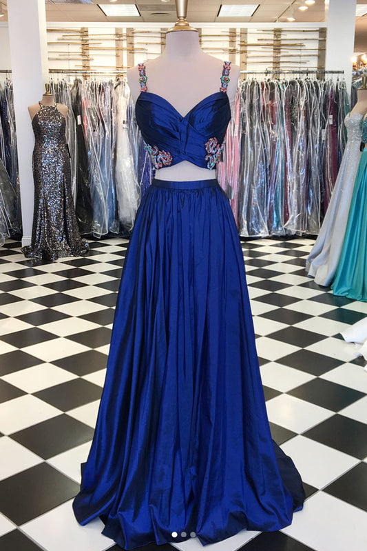 Blue two pieces beads long prom dress, blue evening dress