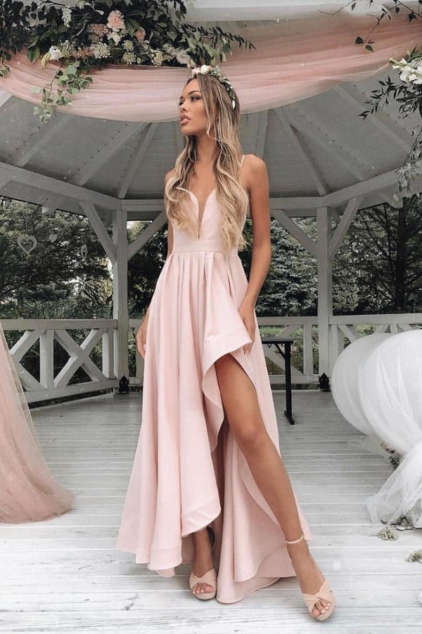 Simple pink satin long prom dress, pink formal dress