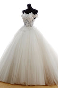 White off shoulder lace applique tulle long prom dress, wedding dress