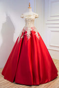 Red lace satin long prom dress, lace long evening dress