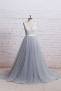 Gray v neck lace tulle long prom dress, tulle evening dress