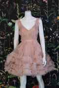 Champagne pink tulle short prom dress, champagne tulle formal dress