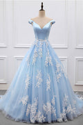 Blue v neck lace tulle long prom dress, blue evening dress