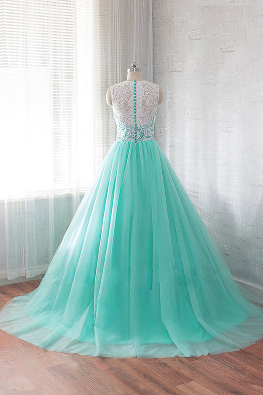 Green round neck tulle lace long prom dress, wedding dress