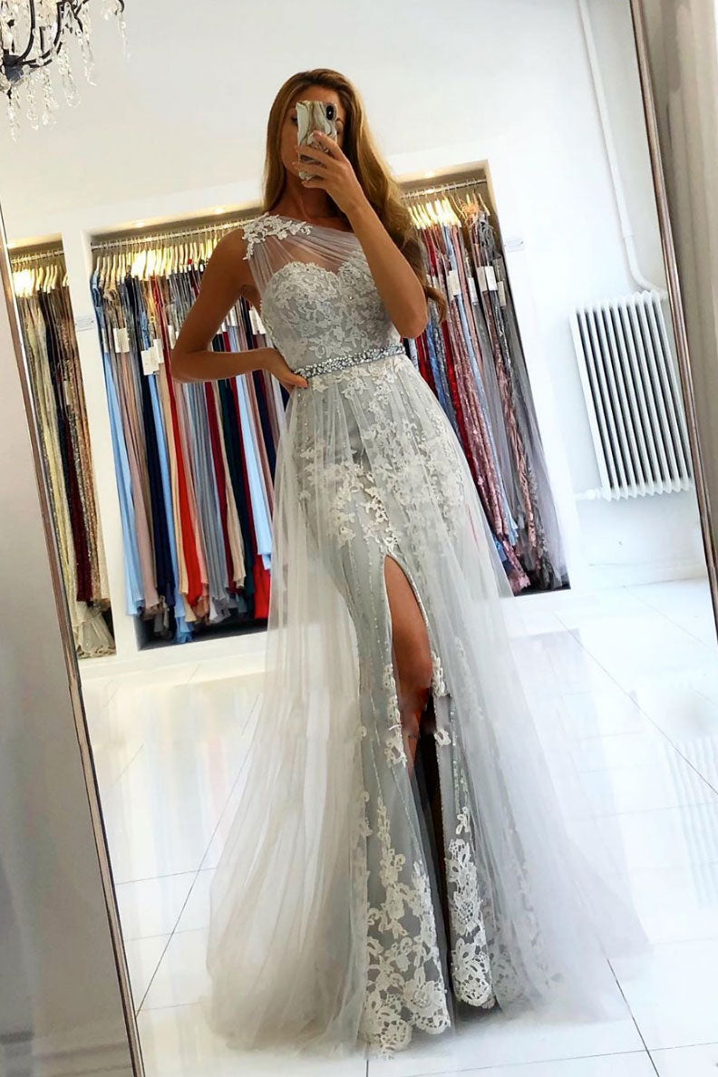 Gray one shoulder tulle lace long prom dress gray evening dress