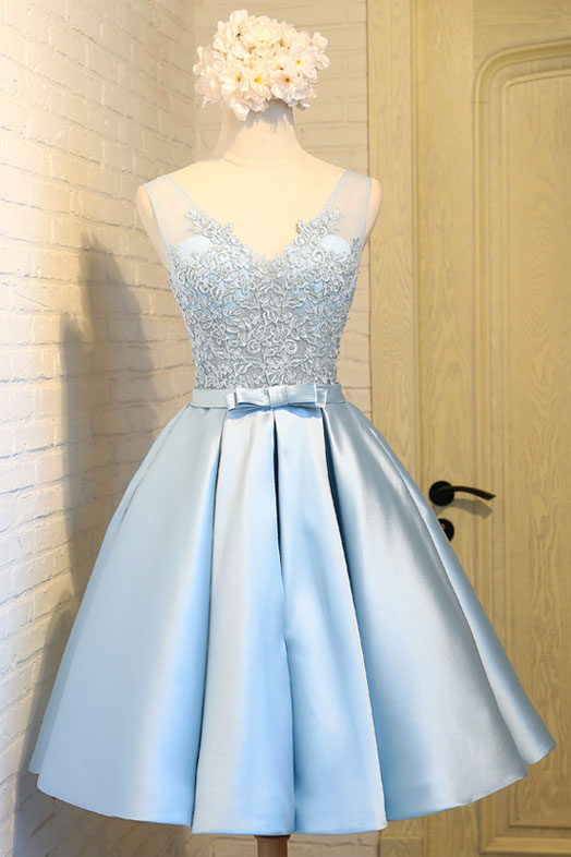 Light blue v neck lace applique short prom dress, blue homecoming dress