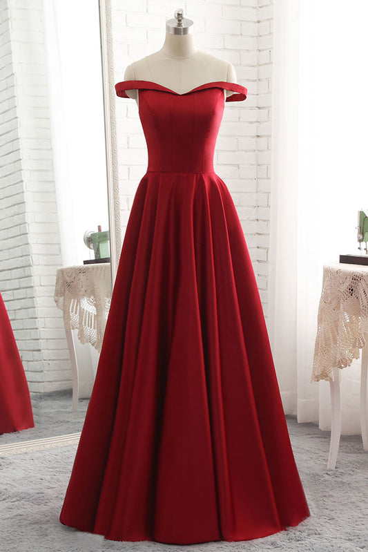Simple burgundy off shoulder long prom dress, burgundy bridesmaid dress