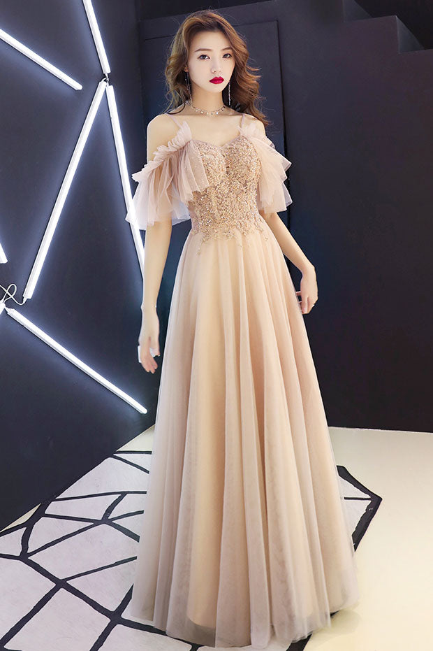 Champagne sweetheart tulle lace long prom dress champagne lace formal