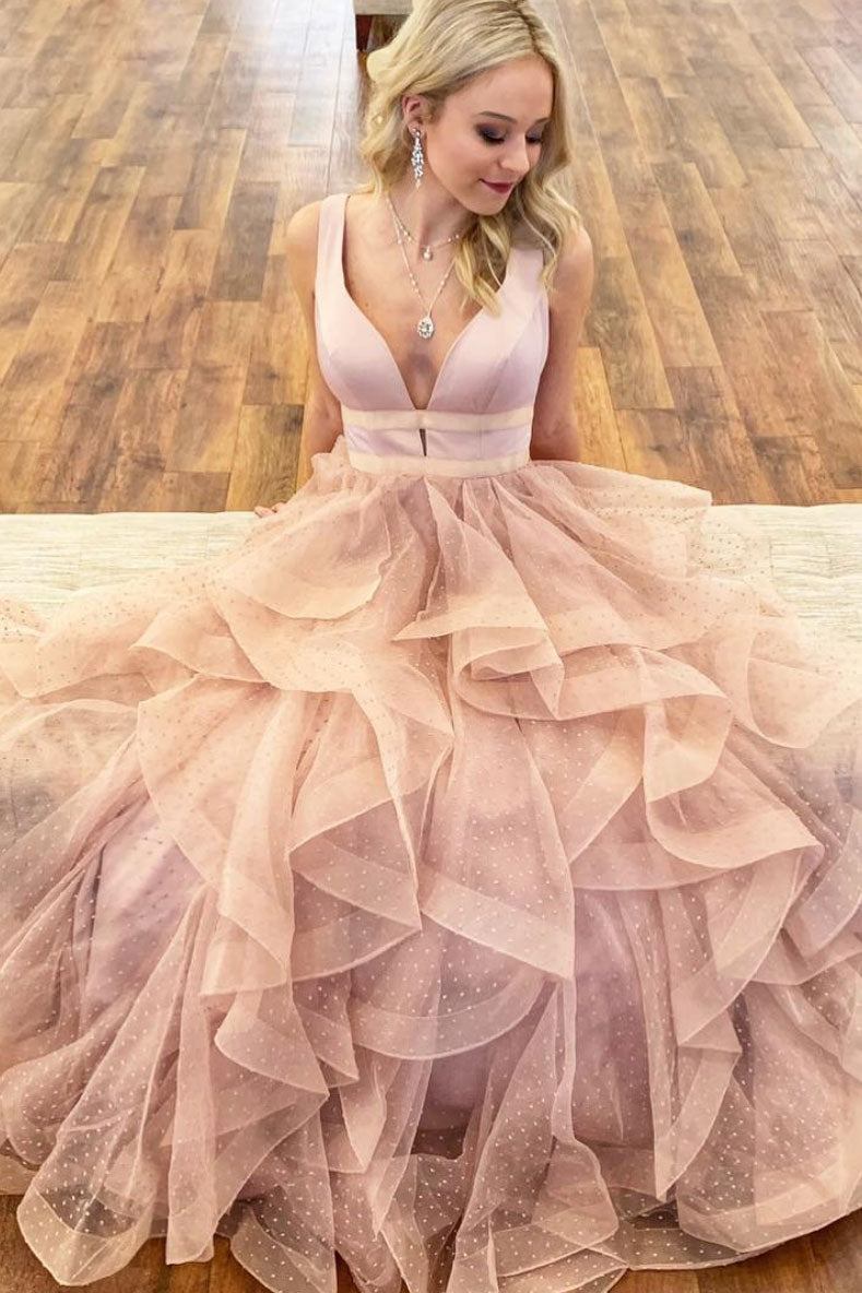 champagne v neck tulle long prom dress, champagne tulle evening dress