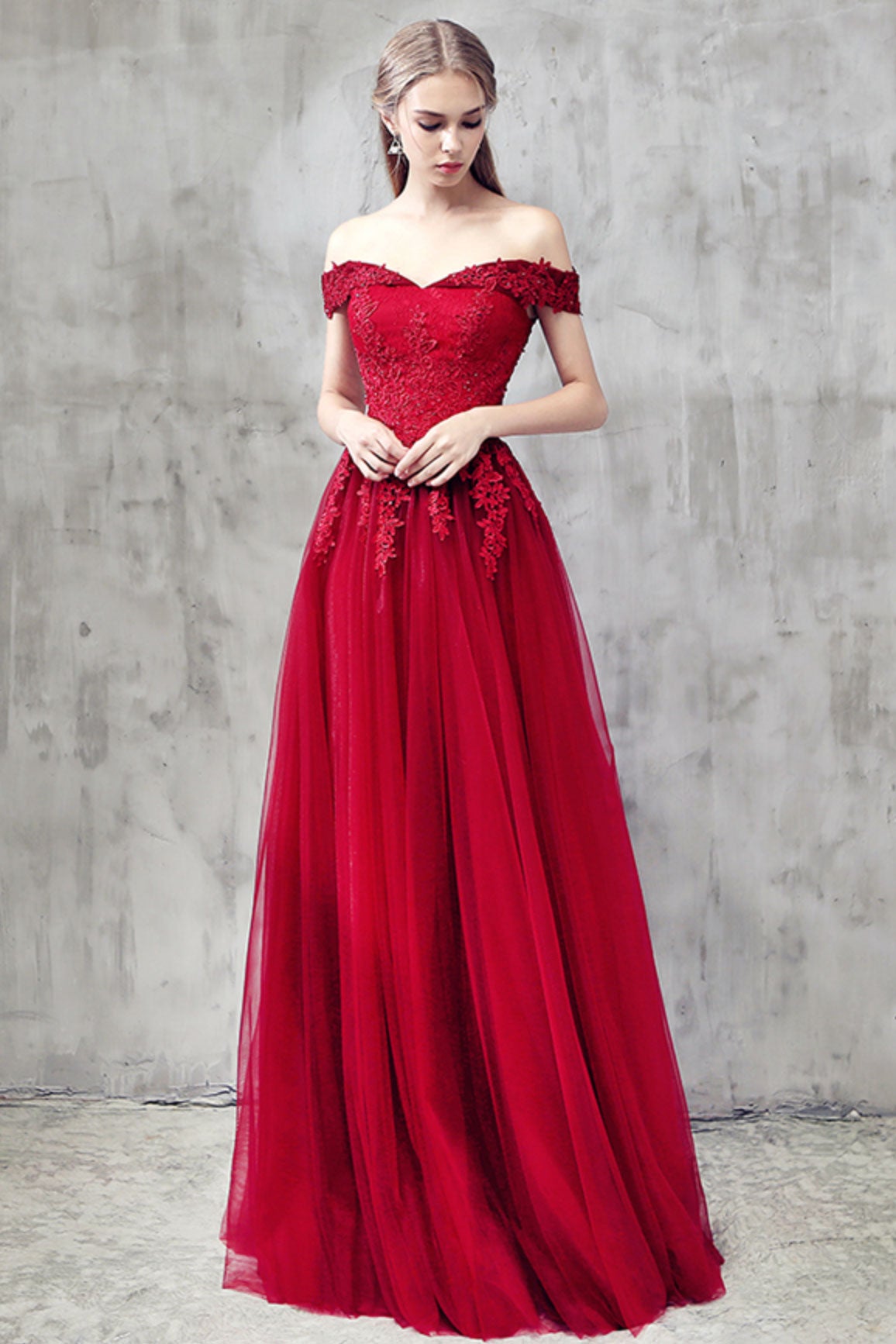 Burgundy tulle lace off shoulder prom dress, burgundy bridesmaid dress