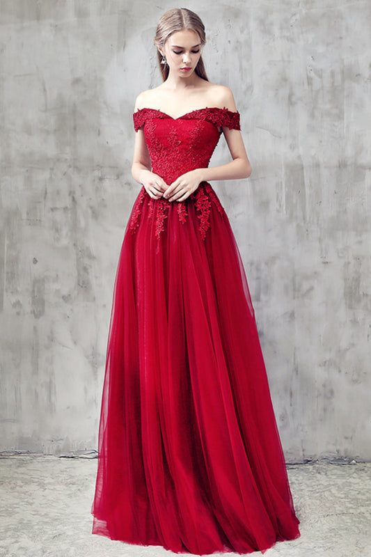 Burgundy tulle lace off shoulder prom dress, burgundy bridesmaid dress