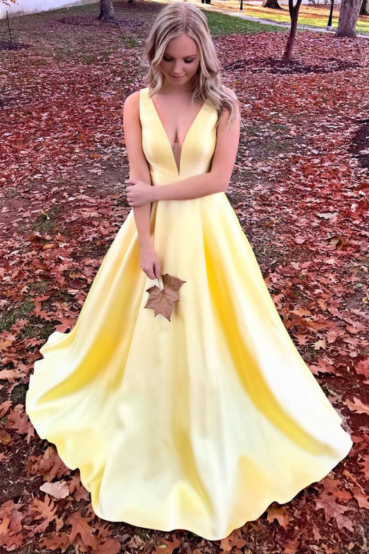 Simple v neck yellow long prom dress, yellow evening dress