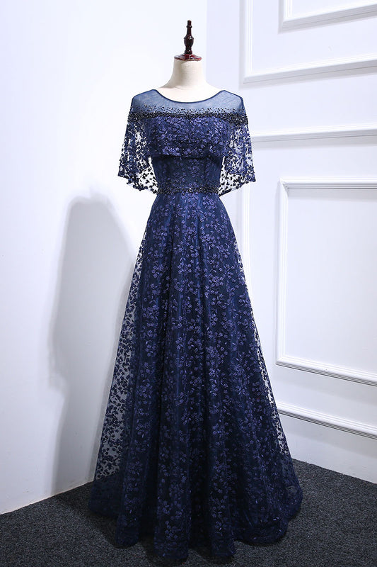 Dark blue lace long prom dress, blue lace evening dress