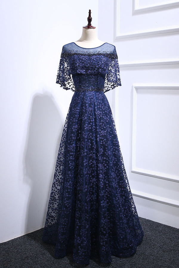 Dark blue lace long prom dress, blue lace evening dress