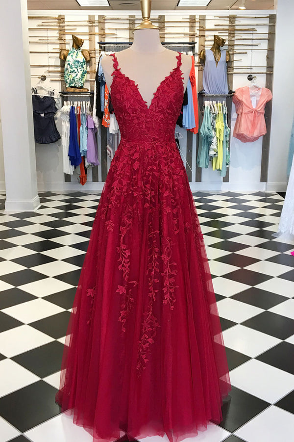 Burgundy v neck tulle lace long prom dress, burgundy tulle evening dress