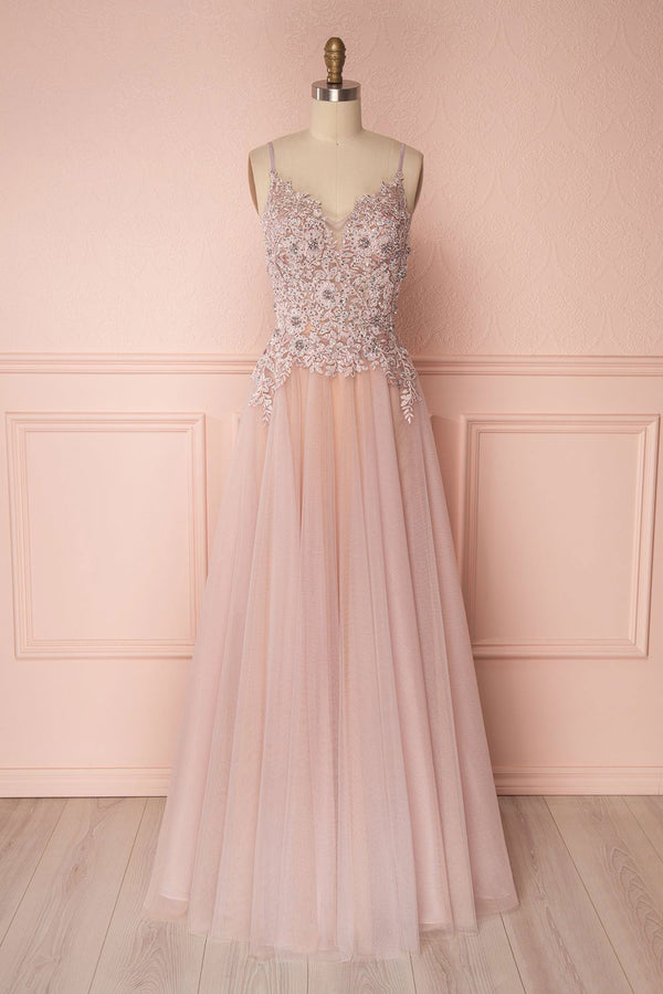 Pink v neck tulle lace applique long prom dress, pink evening dress