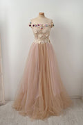 Unique champagne tulle lace applique long prom dress, champagne evening dress