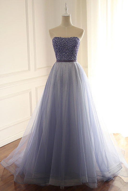 Blue sweetheart tulle beads long prom dress, blue evening dress