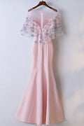 Pink round neck satin lace applique long prom dress, pink evening dress