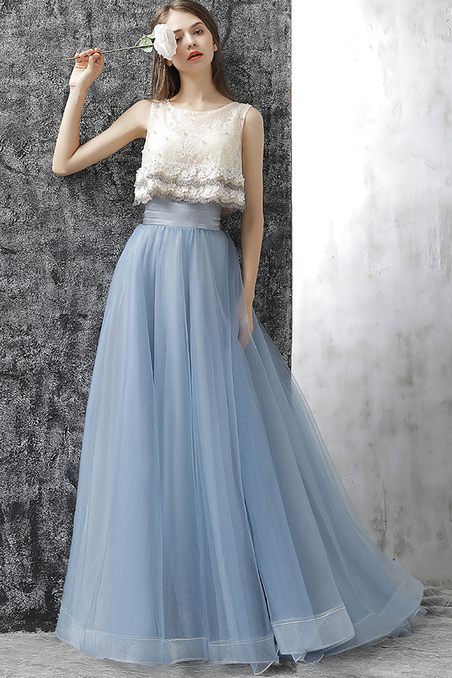 Elegant gray blue tulle lace two pieces long prom dress, gray blue evening dress