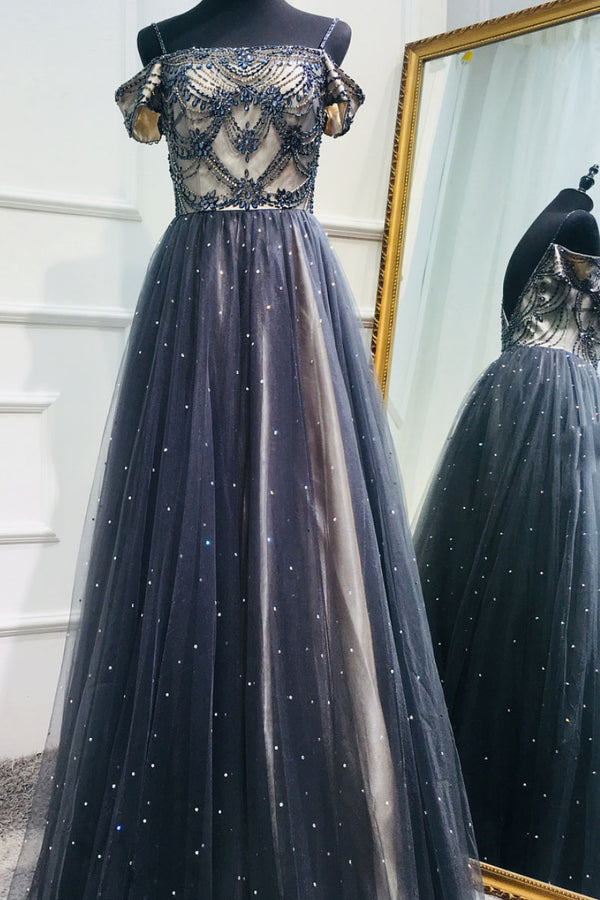 Dark blue tulle sequin beads long prom dress, tulle evening dress