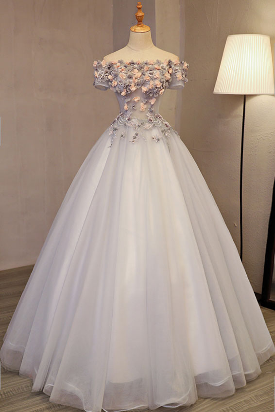 Gray tulle applique long prom dress, sweet 16 dress