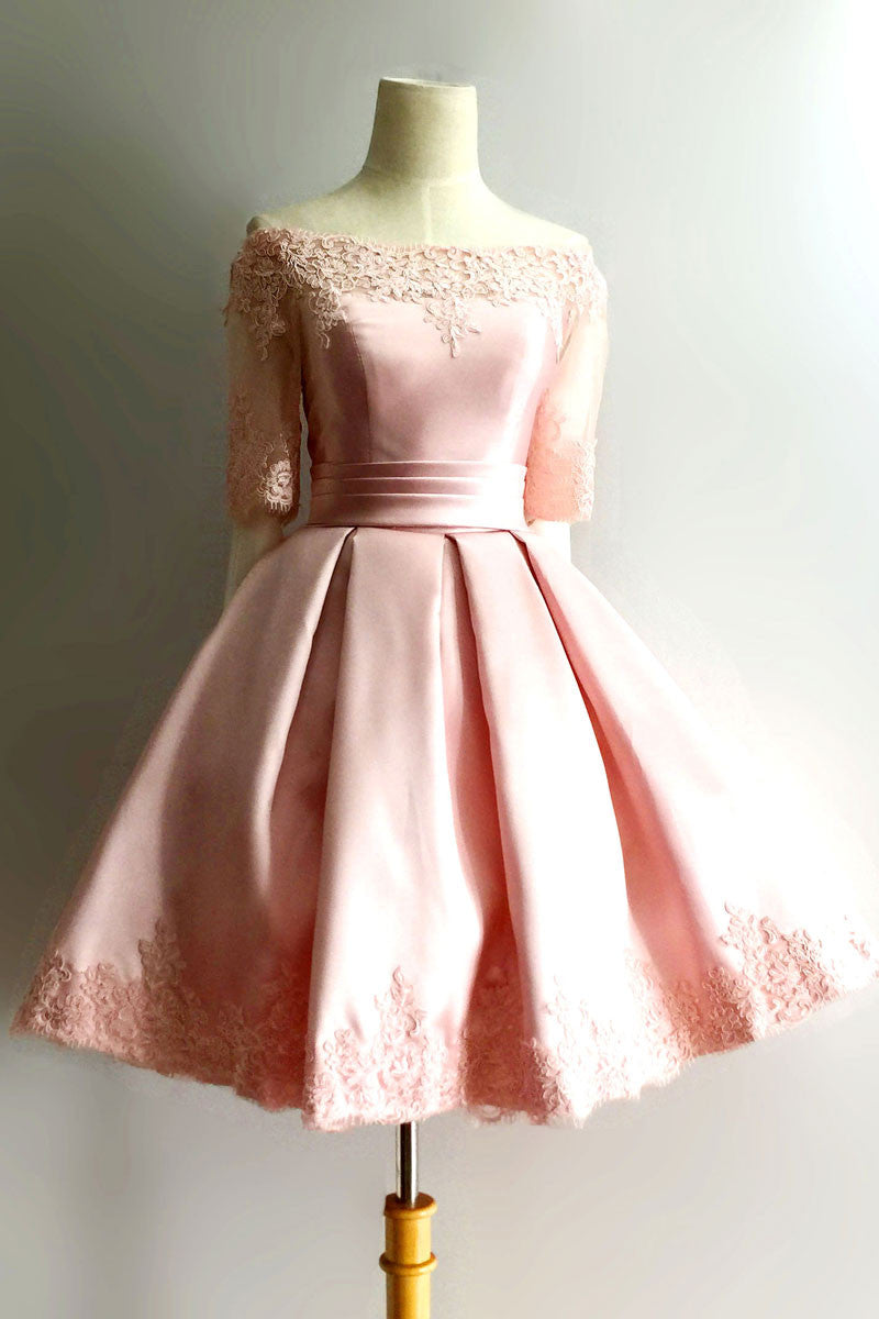 Pink lace short prom dress, pink lace homecoming dress