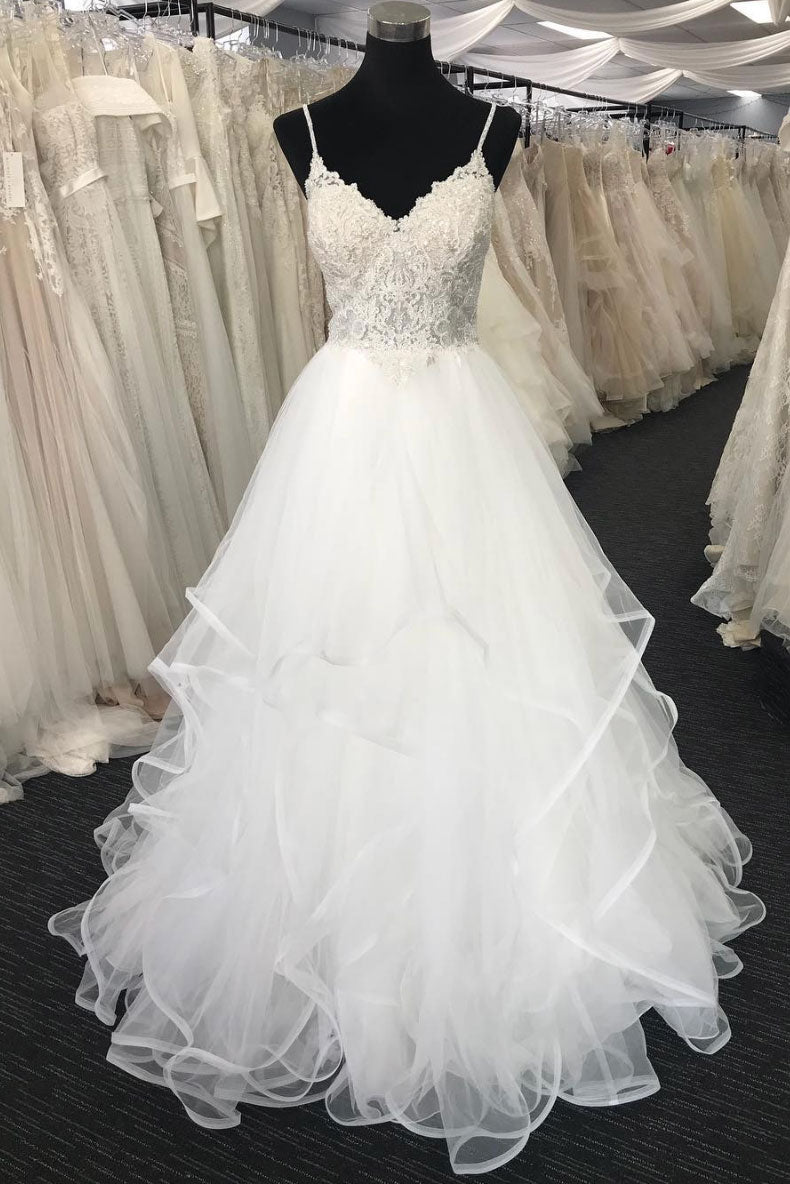 White tulle v neck lace long prom dress, white tulle wedding dress