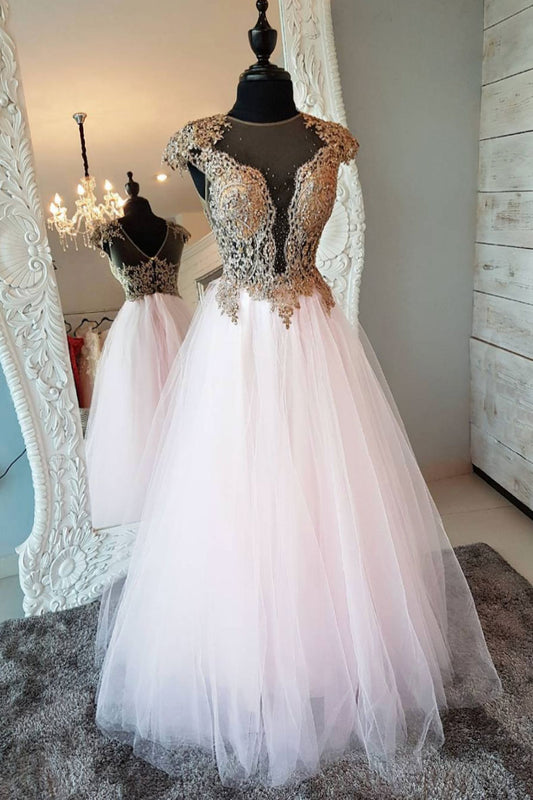 Pink round neck tulle lace long prom dress, pink evening dress