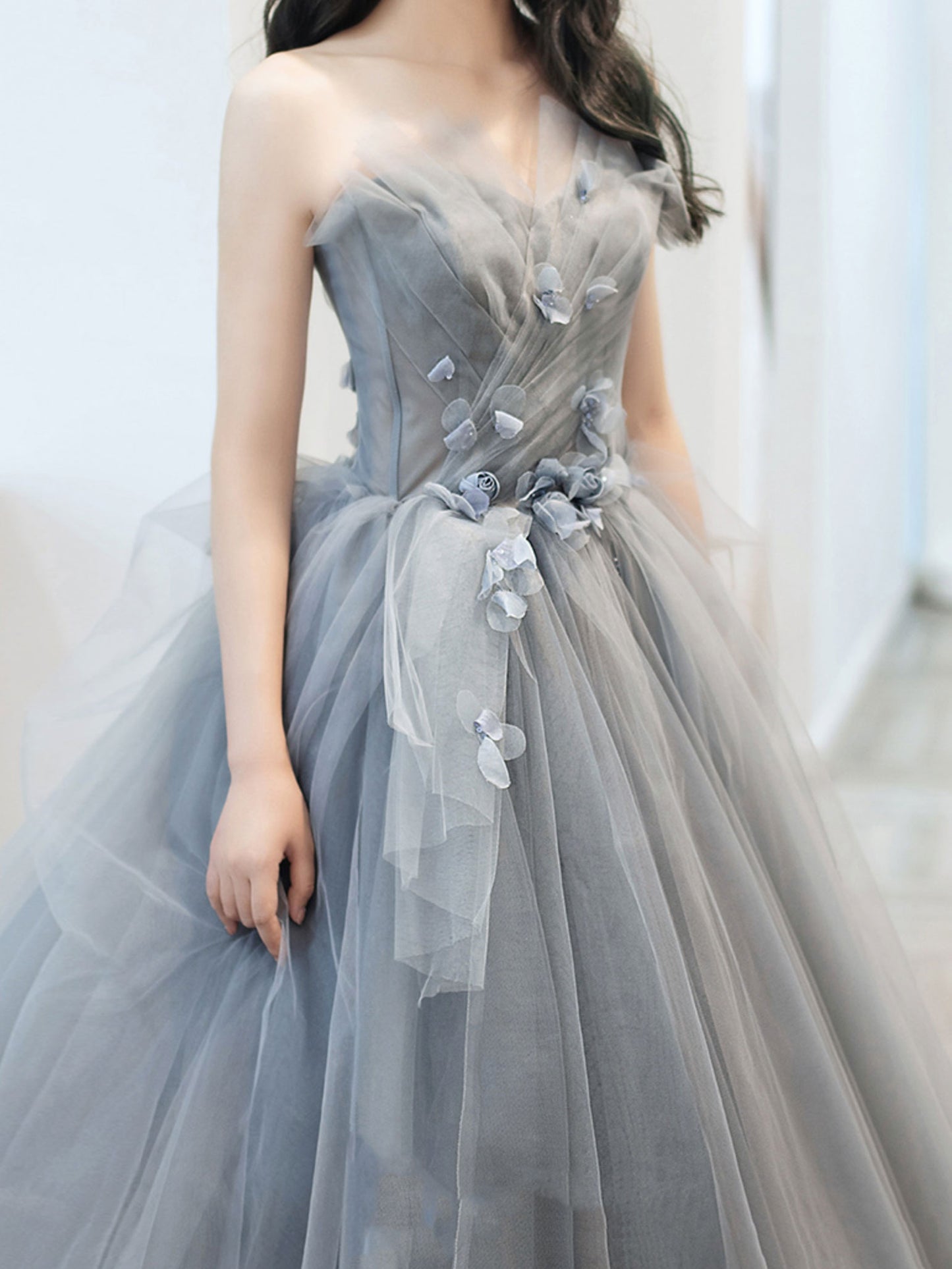 Gray sweetheart neck tulle long prom dress, gray tulle formal dress