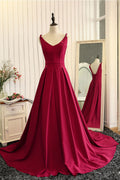 Red v neck satin long prom dress, red evening dress