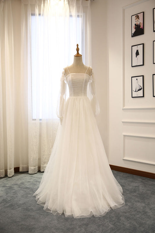 Elegant white tulle long prom dress, white tulle evening dresses