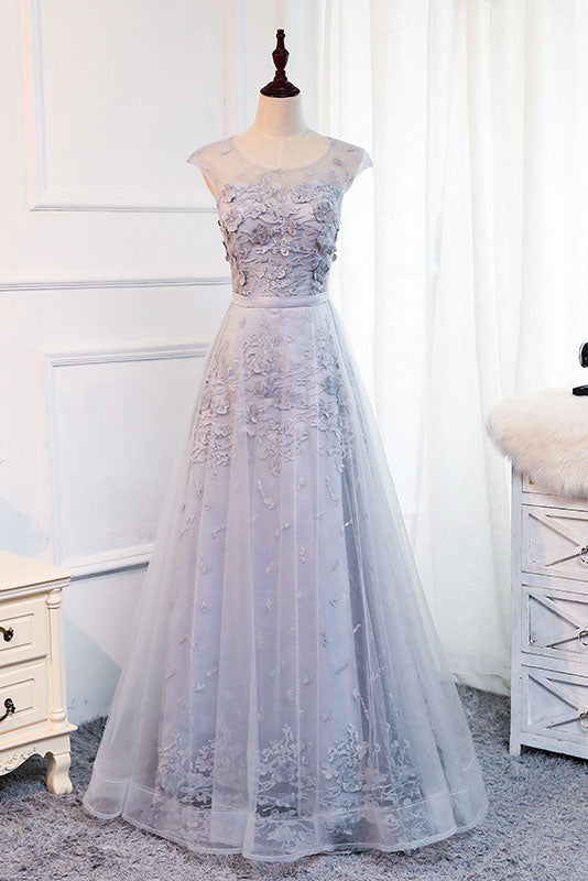 Gray round neck tulle lace applique long prom dress, gray evening dres ...