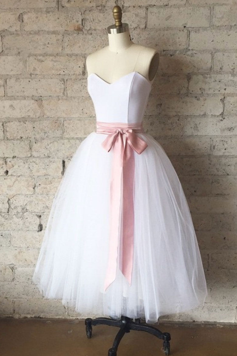 Simple white tulle tea Length prom dress, white bridesmaid dress