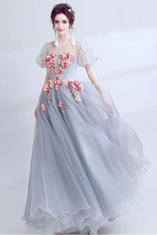 Unique gray lace applique long prom dress, gray evening dress