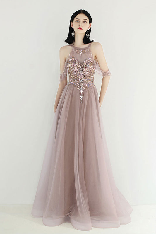 Champagne tulle sequin beads long prom dress tulle evening dress