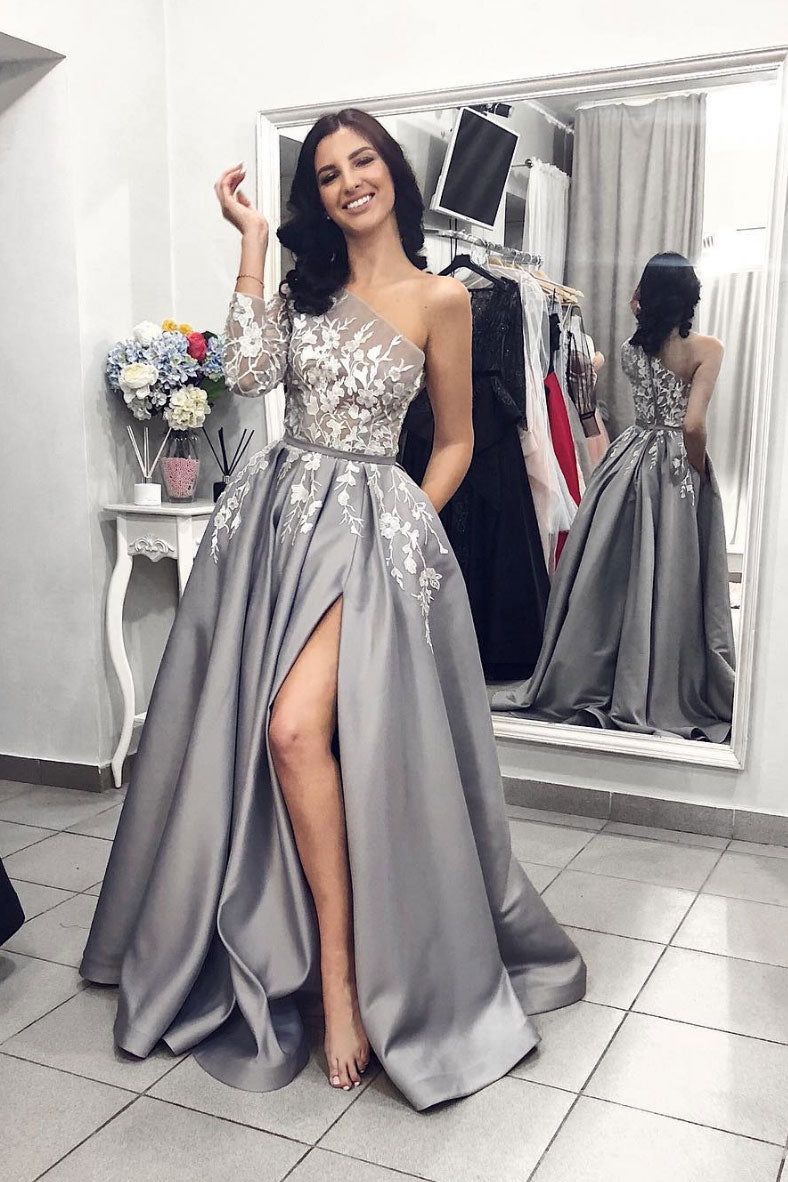 Gray one shoulder long prom dress, gray lace evening dress