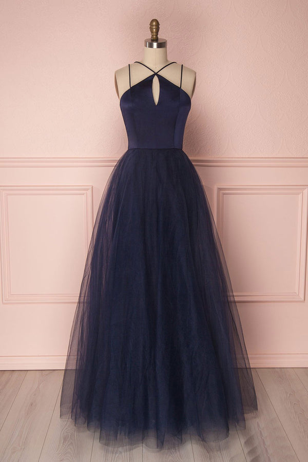 Simple dark blue tulle long prom dress, blue tulle evening dress