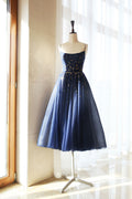 Dark blue tulle tea short prom dress, blue homecoming dress