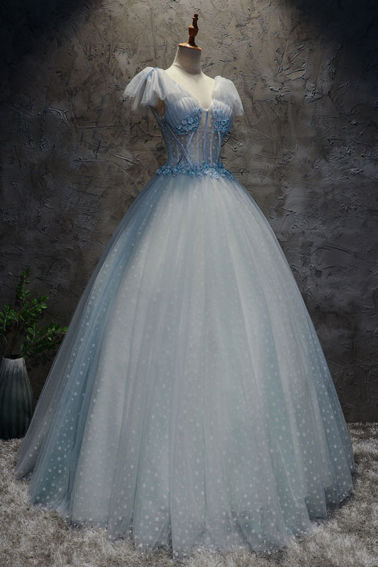 Light blue tulle long prom dress, blue tulle evening dress