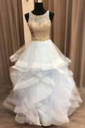 Light blue sequin tulle long prom dress, tulle formal dress
