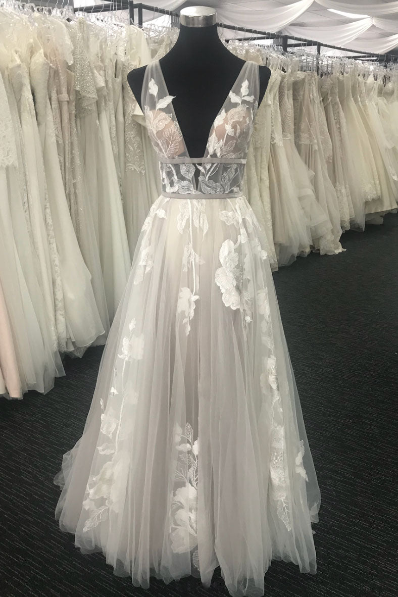 Unique Ivory tulle v neck long prom dress, tulle evening dress