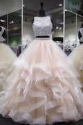 Light champagne tulle beads sequin long prom dress, champagne evening dress