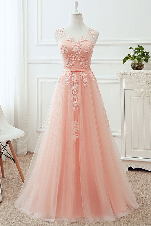 Pink round neck tulle lace applique long prom dress