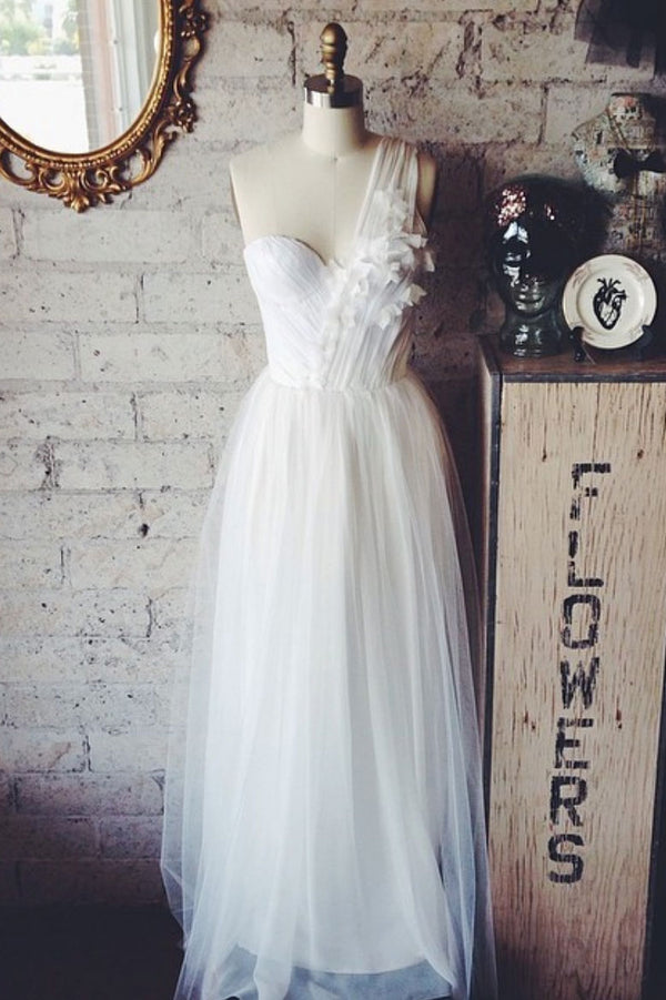 White tulle one shoulder long prom dress, white formal dress