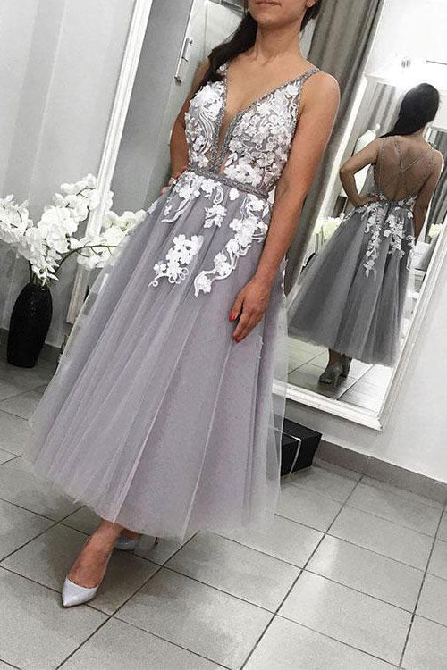 Gray v neck lace tulle prom dress, gray tulle evening dress