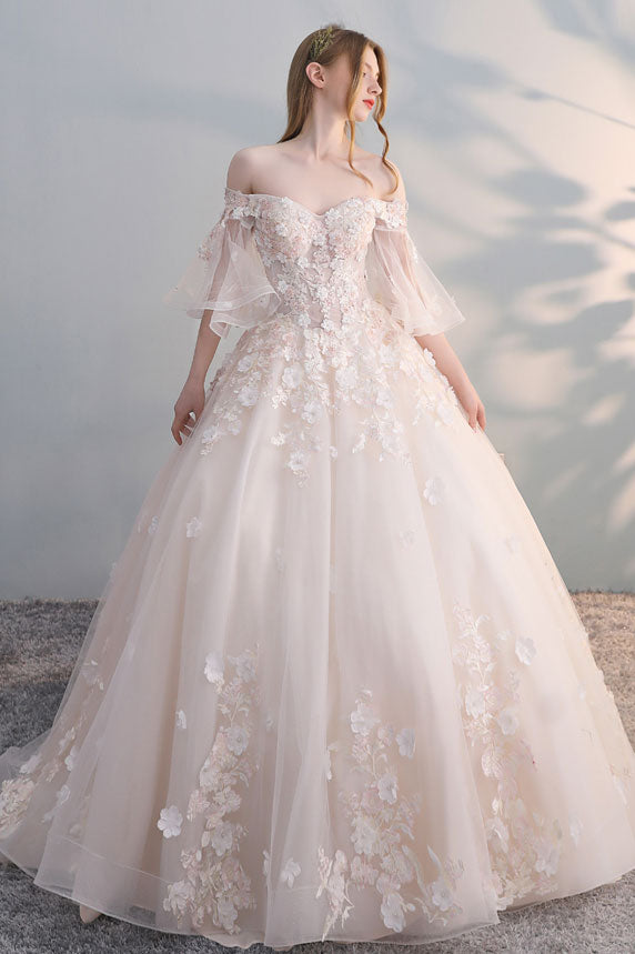 Light champagne tulle lace applique long prom dress, champagne wedding dress